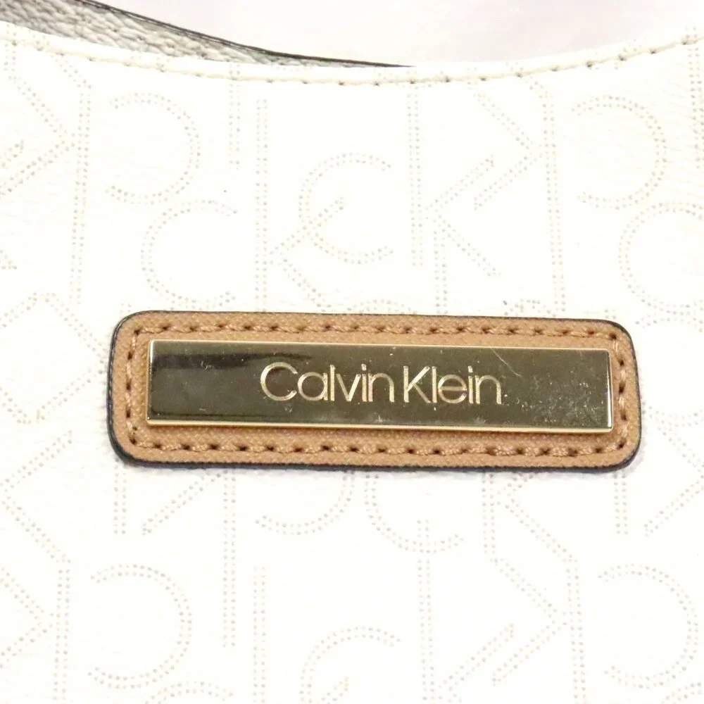 Calvin Klein Hudson White Signature Monogram Logo Pebbled Satchel Handbag Purse - Picture 4 of 9